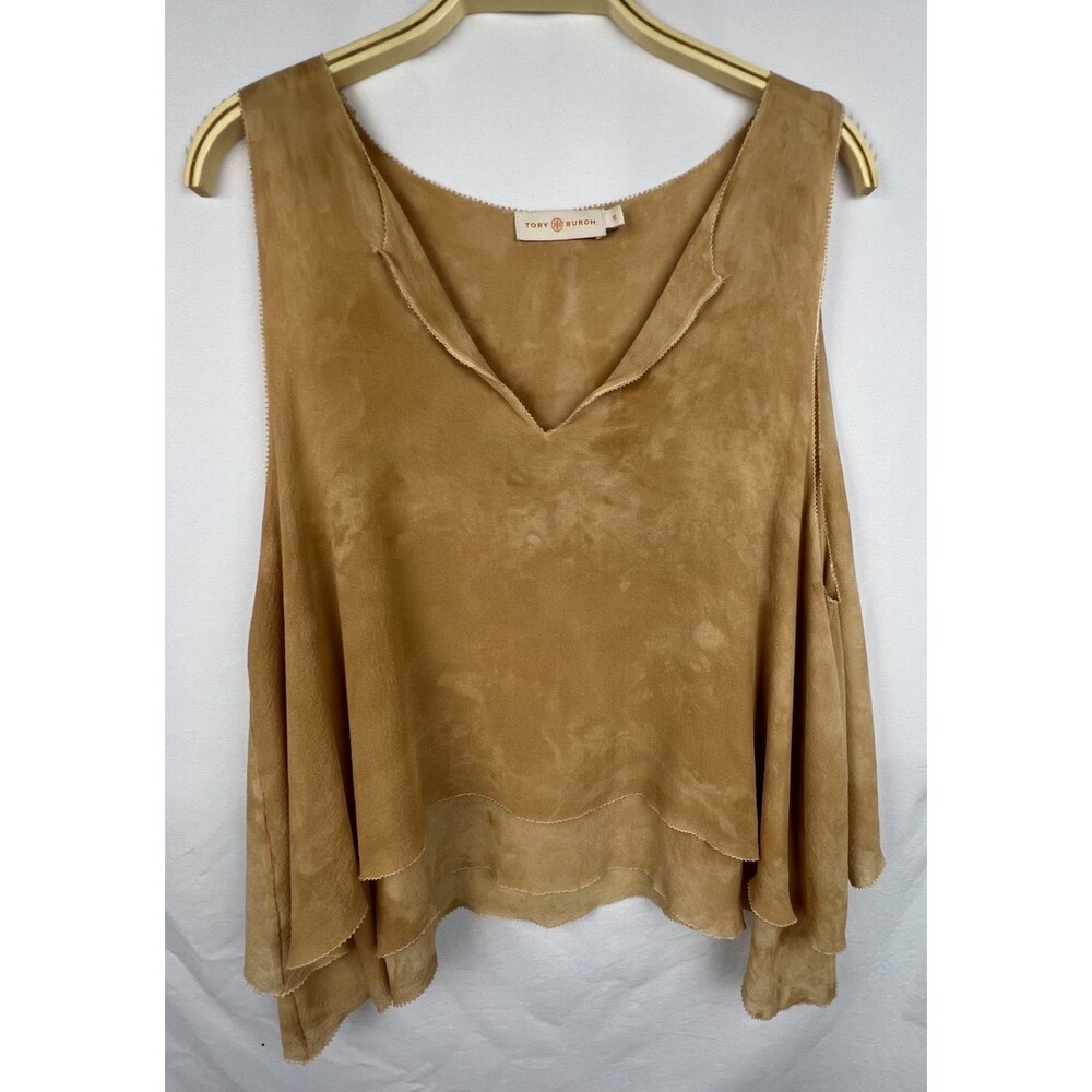 TORY BURCH 100% Silk Sleeveless Blouse Top Size 12 Tan Layered Flowy V-Neck